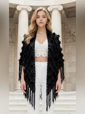 Black Fringe Open-Knit Women's Sweater Wrap